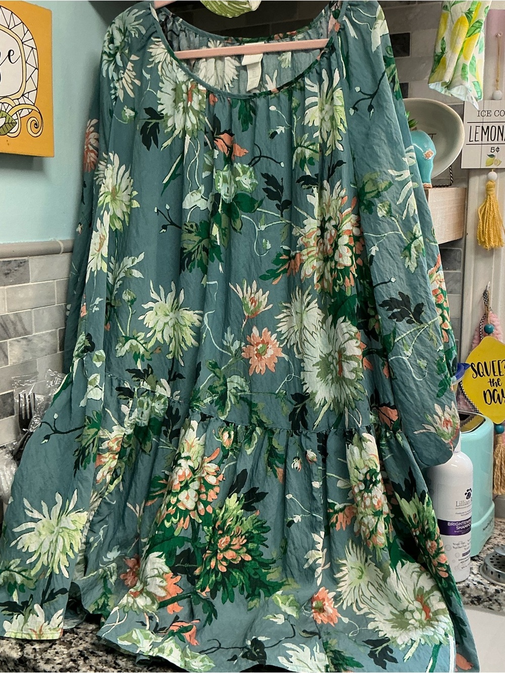 H & M Floral Tiered dress in Teal with Pink & Cream Blooms